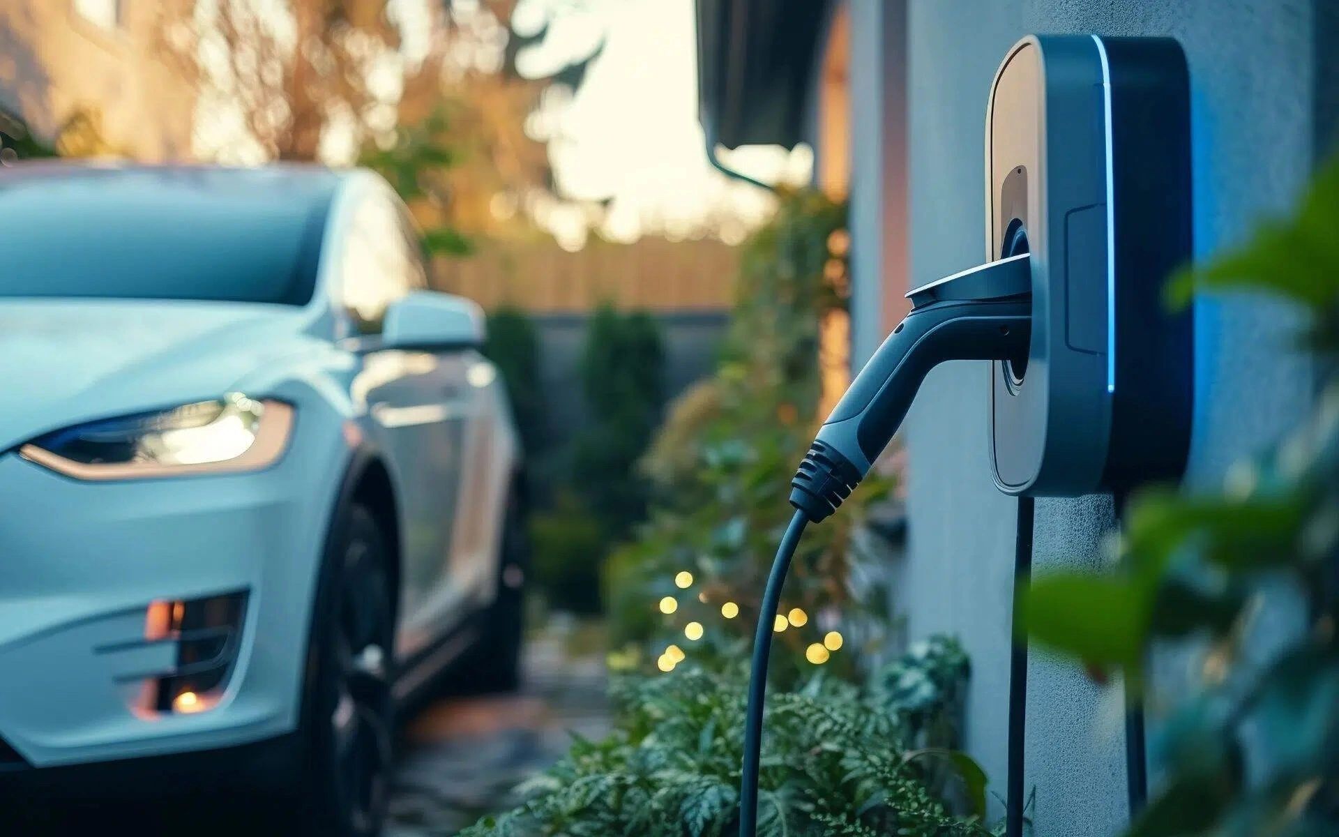 Wall-mounted home EV charger beside an electric vehicle
